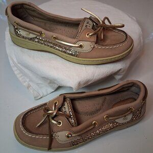 EUC Sperry Top Sider Tan Gold Sequin Boat Shoes Loafers size 6 Ladies Like New
